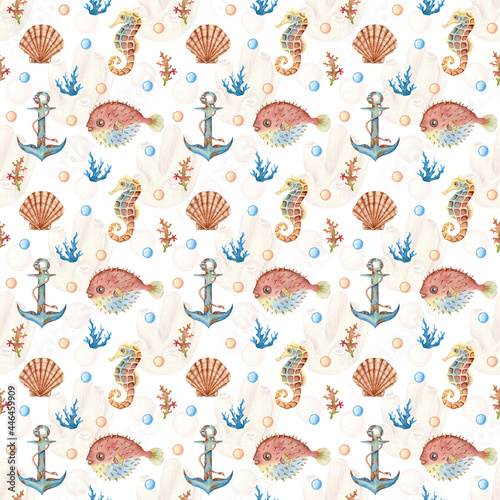 Collection of watercolor  seamless pattern - underwater world. Seashells, starfish, sea Horse, anchor on a white background