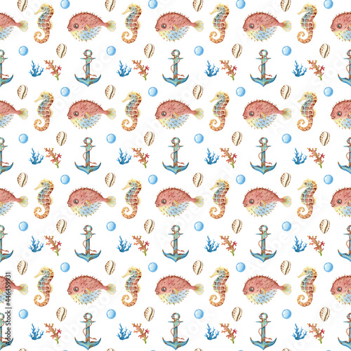 Collection of watercolor  seamless pattern - underwater world. Seashells, starfish, sea Horse, anchor on a white background