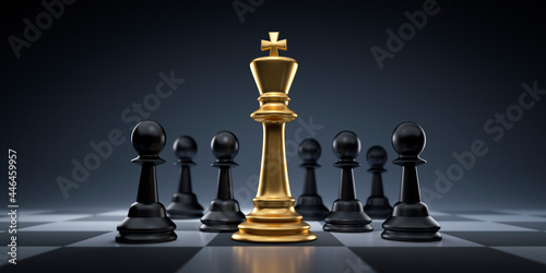 Black pawns and golden chess king - Business leader concept - Strategy planning and competition	 photo