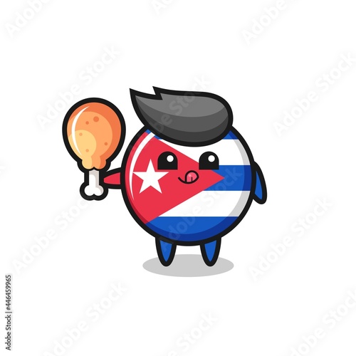 cuba flag badge cute mascot is eating a fried chicken