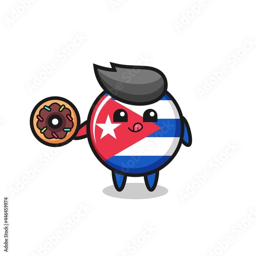illustration of an cuba flag badge character eating a doughnut