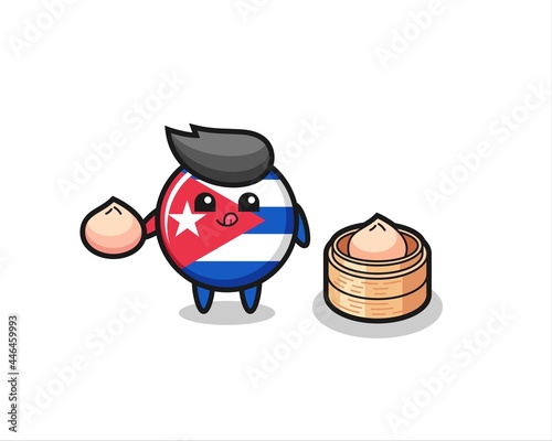 cute cuba flag badge character eating steamed buns