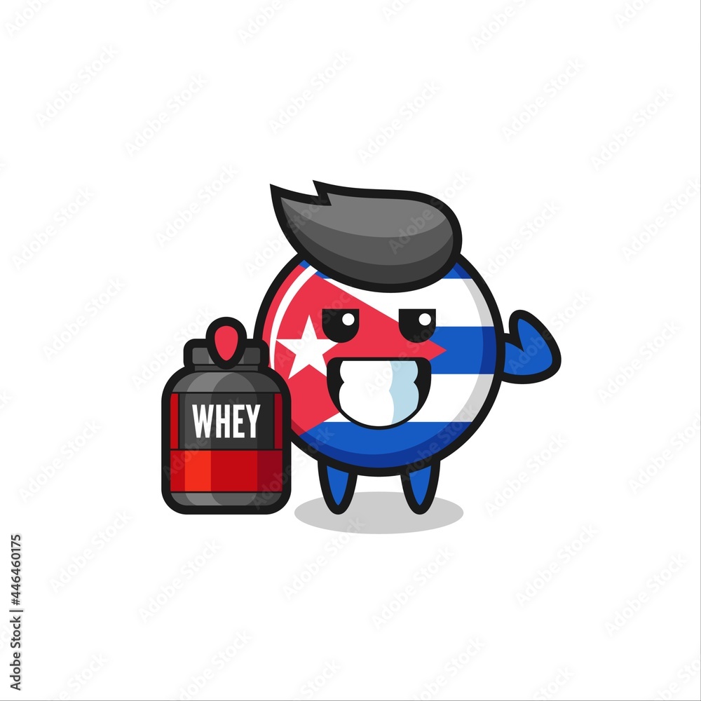 the muscular cuba flag badge character is holding a protein supplement