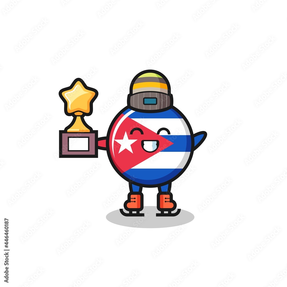 cuba flag badge cartoon as an ice skating player hold winner trophy cuba flag badge cartoon as an ice skating player hold winner trophy