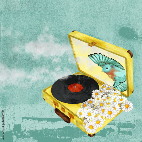 Suitcase with vinyl, daisies and pastel blue background, made with retro style texture. A bird in flight comes out of the suitcase. photo