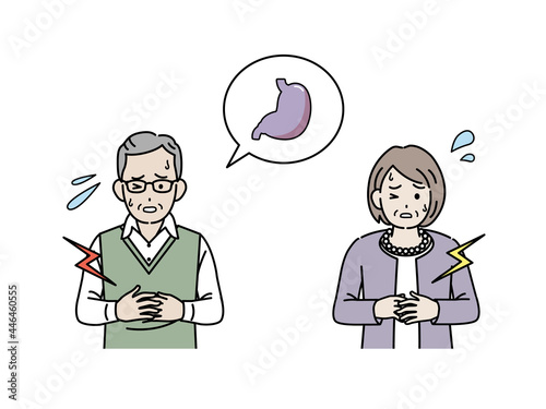 高齢者　年配　男女　胃　腹痛　食あたり　痛み　イラスト素材