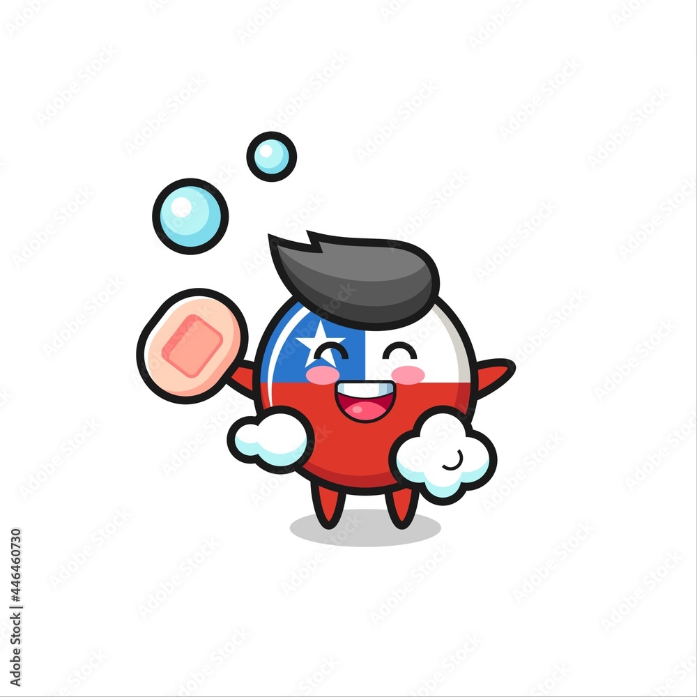 chile flag badge character is bathing while holding soap