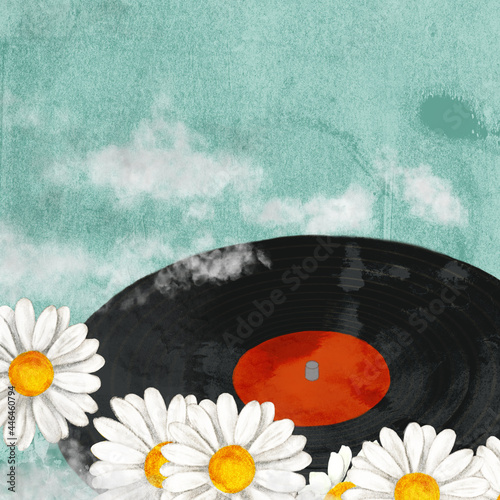 Vinyl with daisies and pastel blue background, made with retro style texture photo