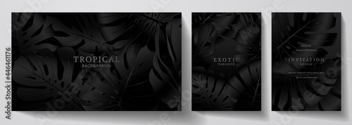 Exotic black banner, cover design set. Floral background with tropical pattern of leaf (monstera plant). Premium horizontal and vertical vector template for invitation, luxury voucher, gift card