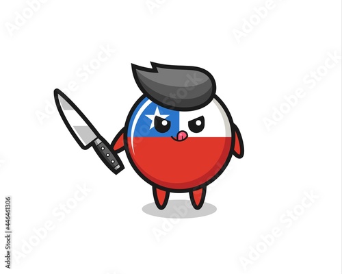 cute chile flag badge mascot as a psychopath holding a knife