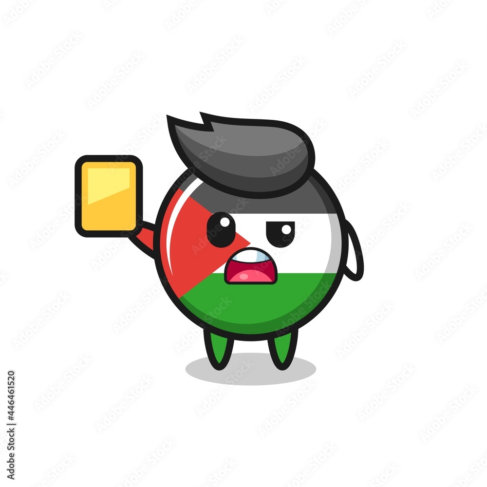 cartoon palestine flag badge character as a football referee giving a yellow card