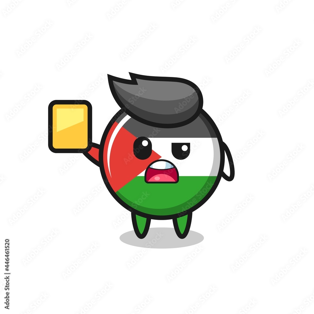 cartoon palestine flag badge character as a football referee giving a yellow card cartoon palestine flag badge character as a football referee giving a yellow card