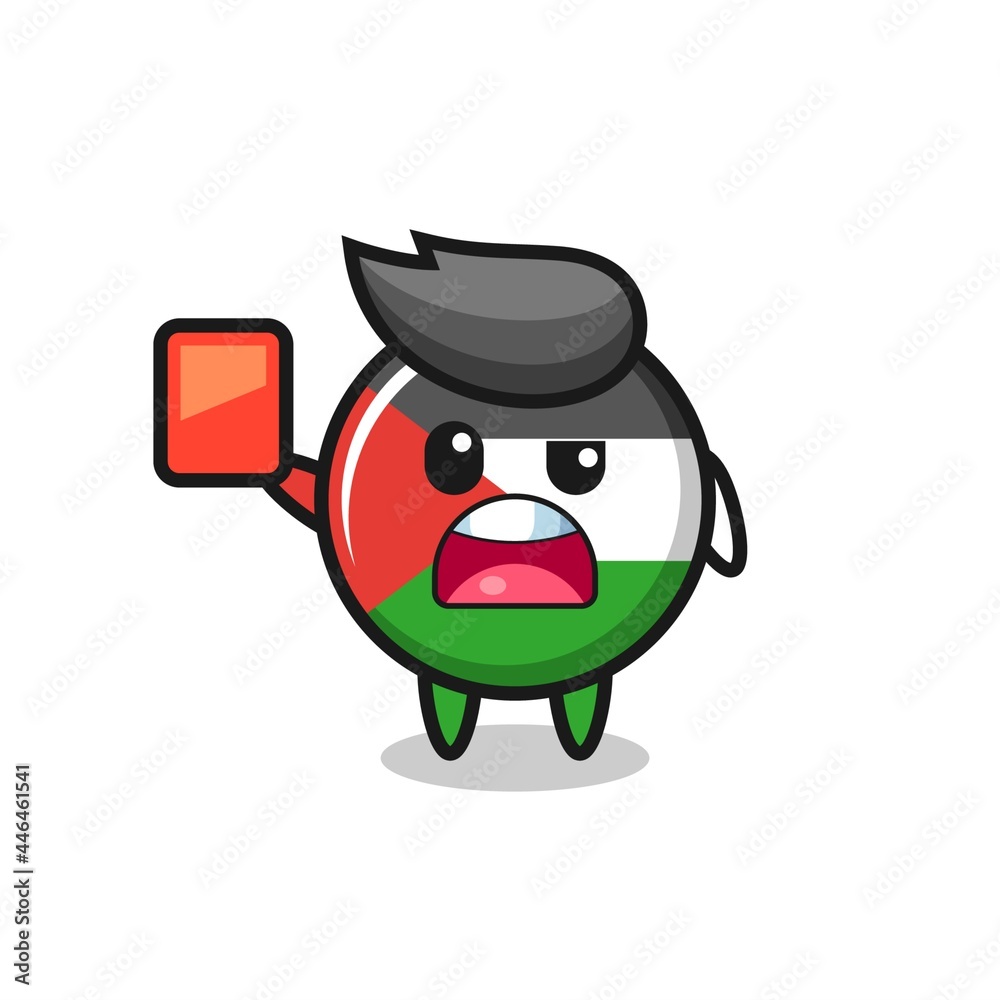 palestine flag badge cute mascot as referee giving a red card palestine flag badge cute mascot as referee giving a red card