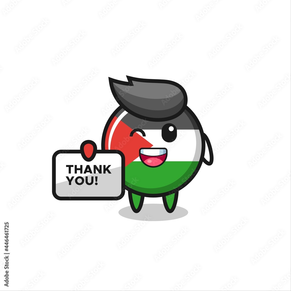 the mascot of the palestine flag badge holding a banner that says thank you
