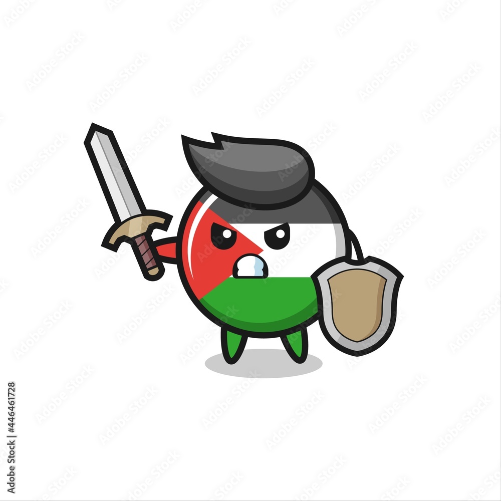 cute palestine flag badge soldier fighting with sword and shield