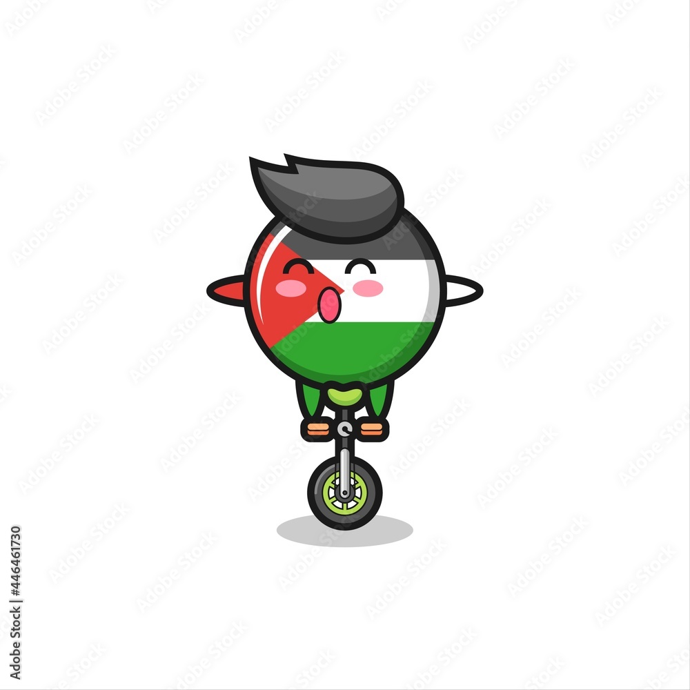 The cute palestine flag badge character is riding a circus bike The cute palestine flag badge character is riding a circus bike