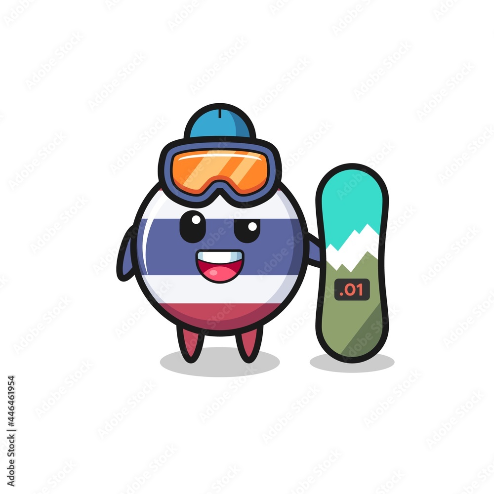 Illustration of thailand flag badge character with snowboarding style