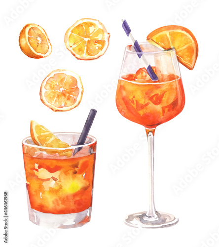 Fotografija Watercolor hand painted Spritz cocktail glass with orange fruit simple sketch il