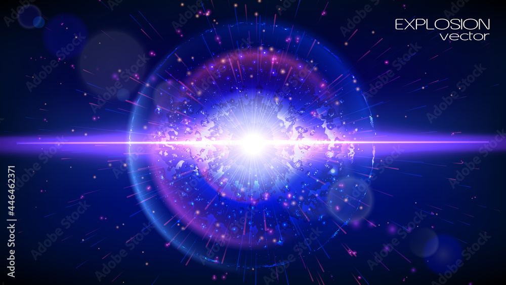 Praxis effect. Vector. Abstract futuristic background. A supernova explosion in outer space. Dark, dark blue and violet tones. The space of the universe. Nebula and plasma. Infinity. Place for text.