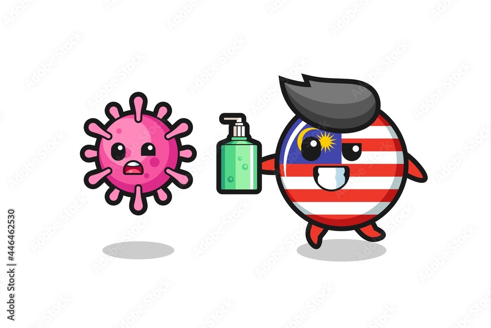 illustration of malaysia flag badge character chasing evil virus with hand sanitizer
