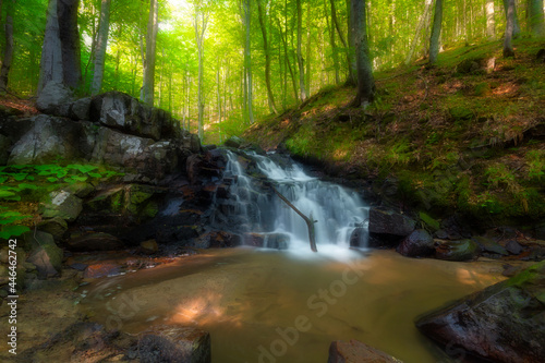 Fototapeta Naklejka Na Ścianę i Meble -  Waterfall deep in the forest. The beauty of green plants in summer time. 