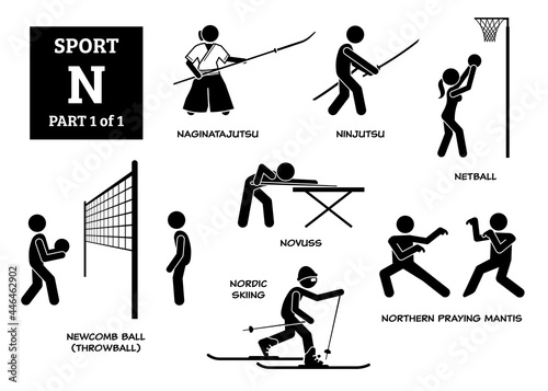 Sport games alphabet N vector icons pictogram. Naginatajutsu, ninjutsu, netball, novuss, newcomb ball, throwball, nordic skiing, and northern praying mantis.