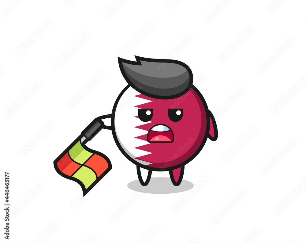 qatar flag badge character as line judge hold the flag down at a 45 degree angle