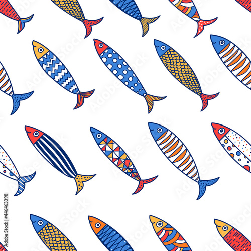 Cute sardines. Postcard with colorful fish.