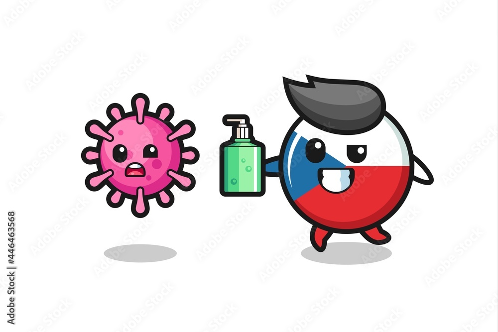 illustration of czech republic flag badge character chasing evil virus with hand sanitizer