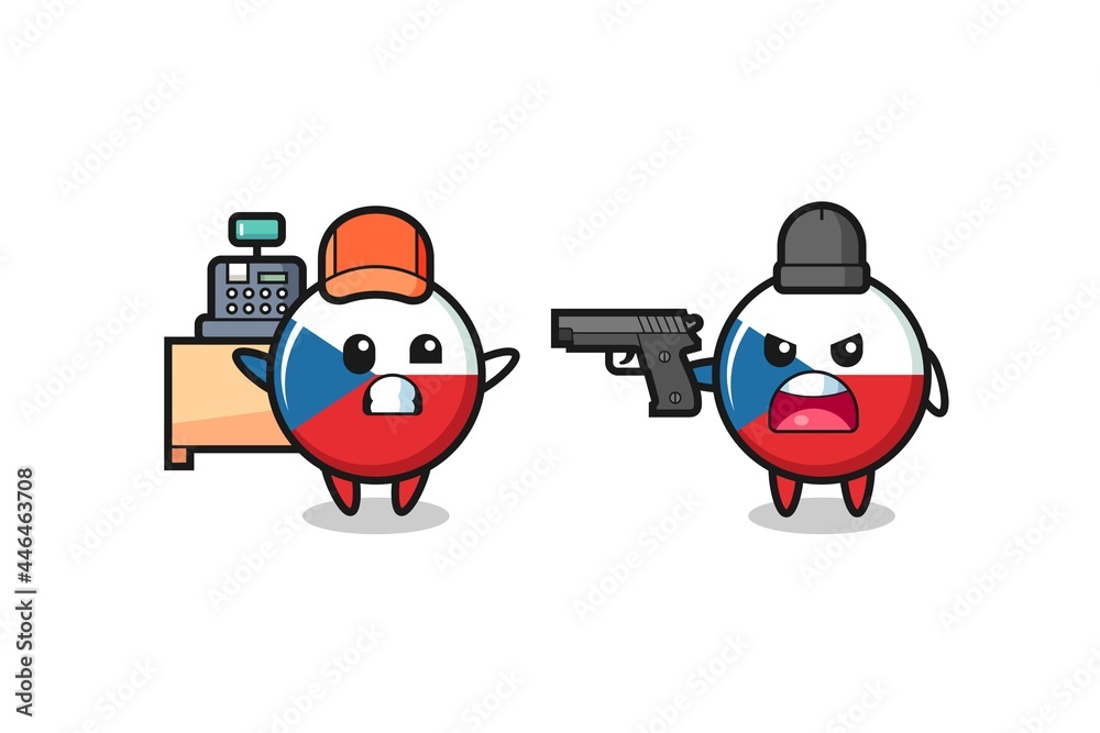 illustration of the cute czech republic flag badge as a cashier is pointed a gun by a robber