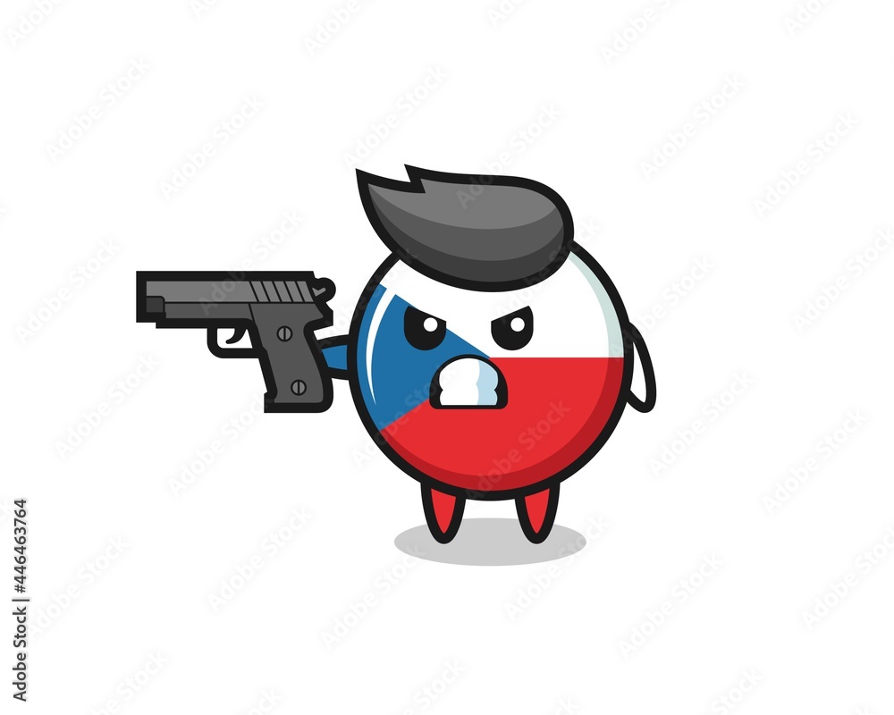 the cute czech republic flag badge character shoot with a gun