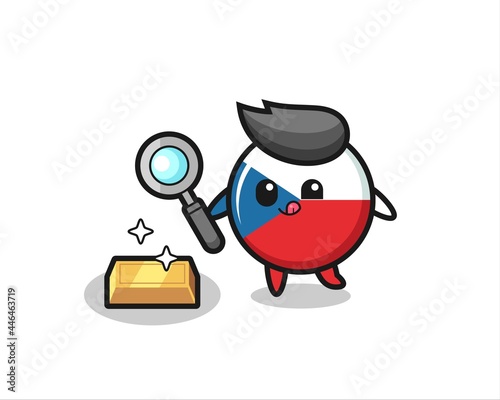 czech republic flag badge character is checking the authenticity of the gold bullion