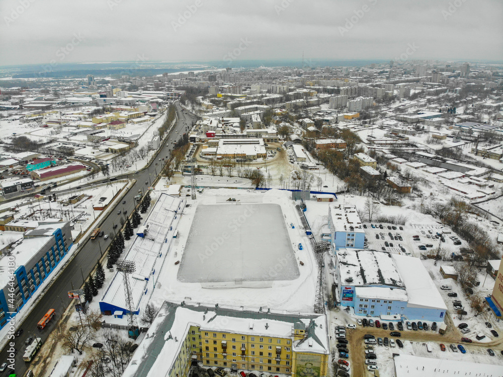 Aerial view of the bandy stadium in winter (Kirov, Russia)