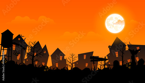 Halloween 2021. City panorama in halloween style. Scary halloween isolated background. Orange and yellow background. Vector illustration.