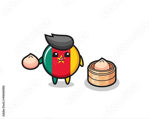cute cameroon flag badge character eating steamed buns