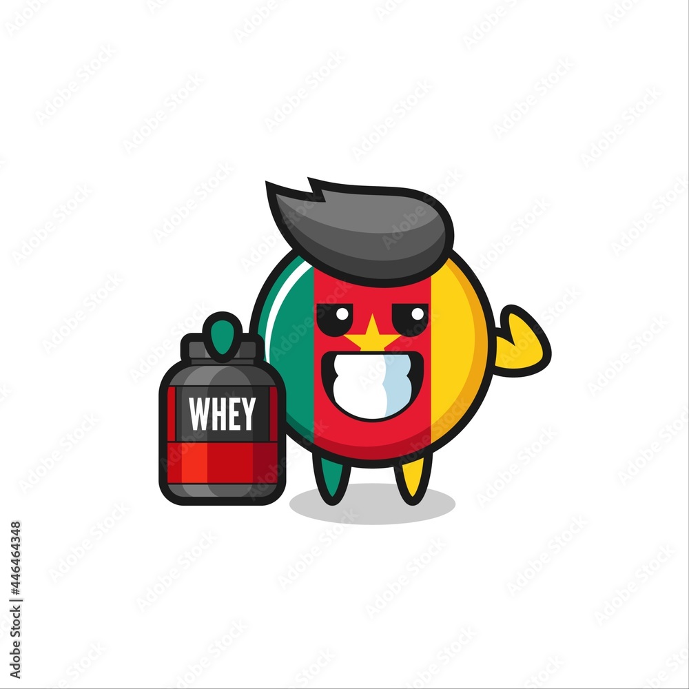 Obraz premium the muscular cameroon flag badge character is holding a protein supplement