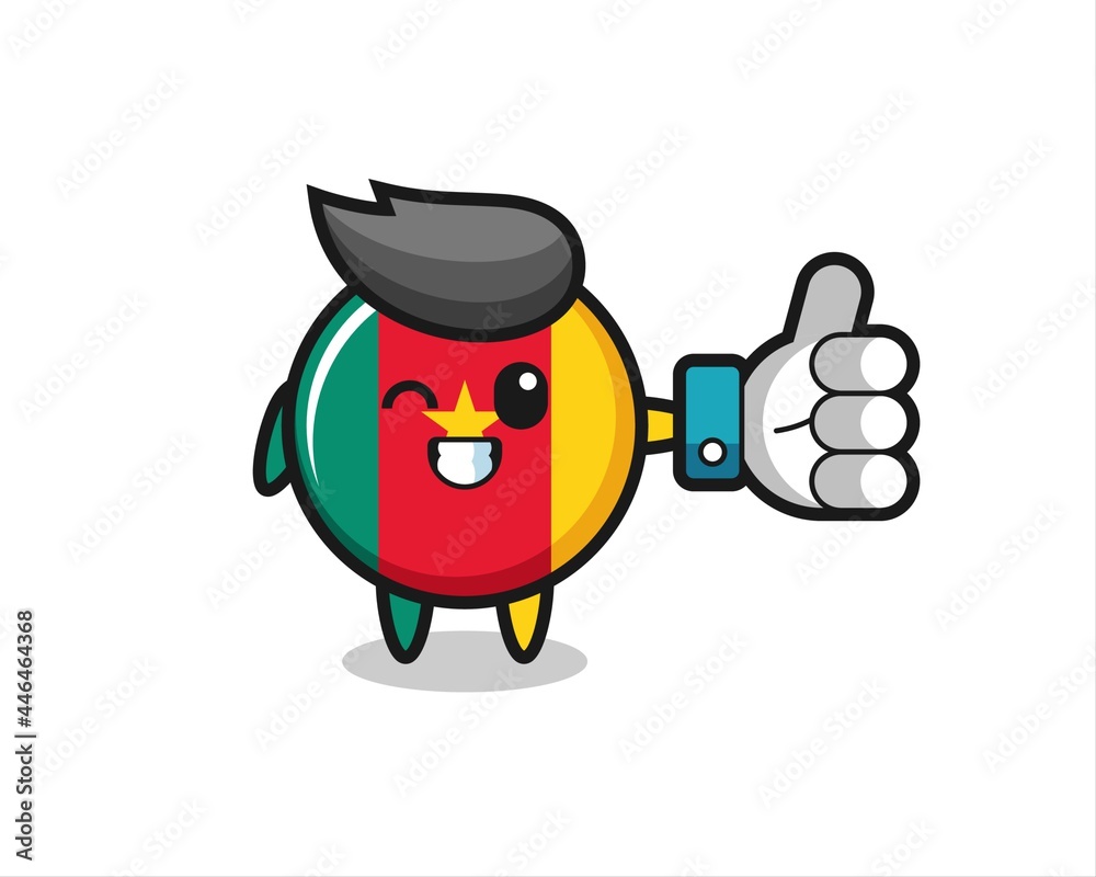 cute cameroon flag badge with social media thumbs up symbol