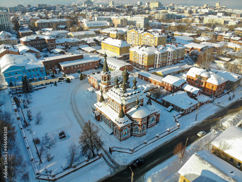 Aerial view of the Seraphim Church in winter (Kirov, Russia)