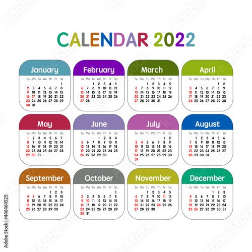 2022 Year Calendar. Week starts on Sunday. USA Holidays. Concept for print and WEB. Vector  illustration.