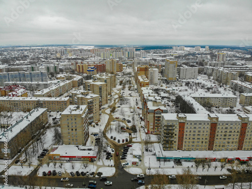 Aerial view of unfinished Surikov street in winter (Kirov, Russia)