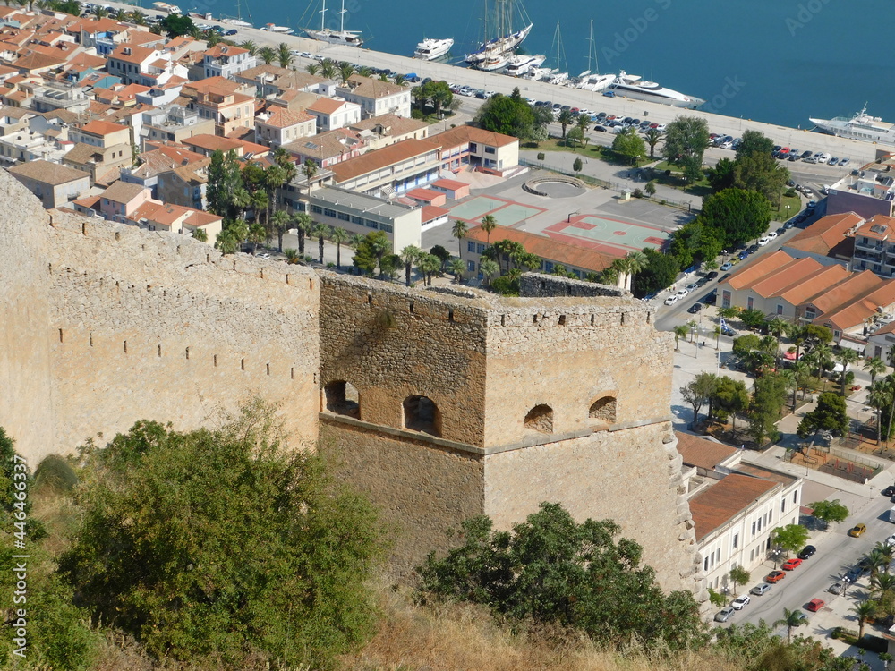 View of the Palamidi fortress and the city of Nafplio below, in Greece