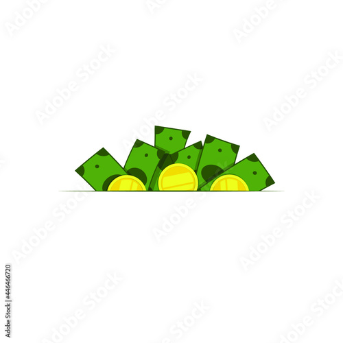 Top border of money, bills and coins. Dollars are limited by a line, space for text. Vector illustration, flat cartoon color minimal design, isolated on white background, eps 10.