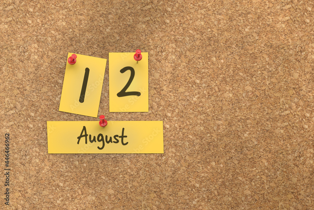3d rendering of important days concept. August 12th. Day 12 of month. The date written on yellow papers is pinned to the cork board. Summer month, day of the year. Remind you an important event. 3d rendering of important days concept. August 12th. Day 12 of month. The date written on yellow papers is pinned to the cork board. Summer month, day of the year. Remind you an important event.