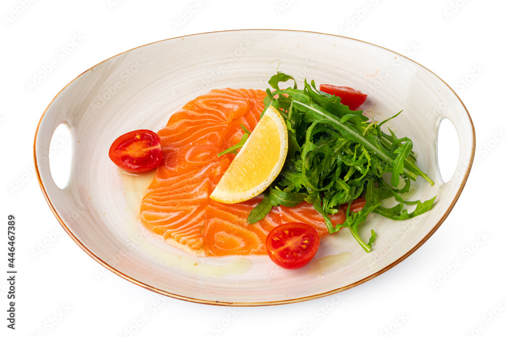 Salmon carpaccio with arugula isolated on white Salmon carpaccio with arugula isolated on white