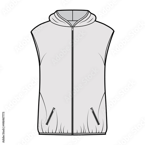 Hooded Down vest puffer waistcoat technical fashion illustration with zip-up closure, pockets, oversized body, hip length. Flat template front, grey color style. Women, men, unisex top CAD mockup