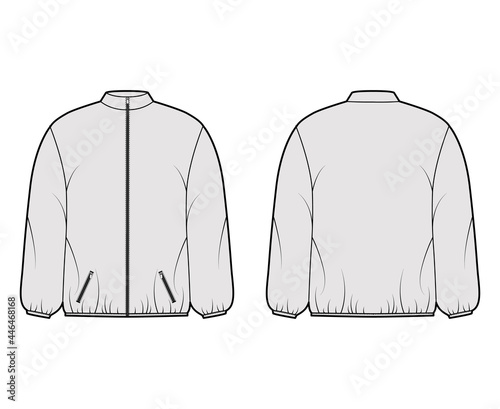Puffer coat jacket technical fashion illustration with long sleeves, stand collar, zip-up closure, pockets, boxy fit. Flat template front, back, grey color style. Women, men, unisex top CAD mockup