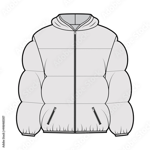 Hooded jacket Down puffer coat technical fashion illustration with long sleeves, pockets, boxy fit, hip length, wide quilting. Flat template front, grey color style. Women, men, unisex top CAD mockup