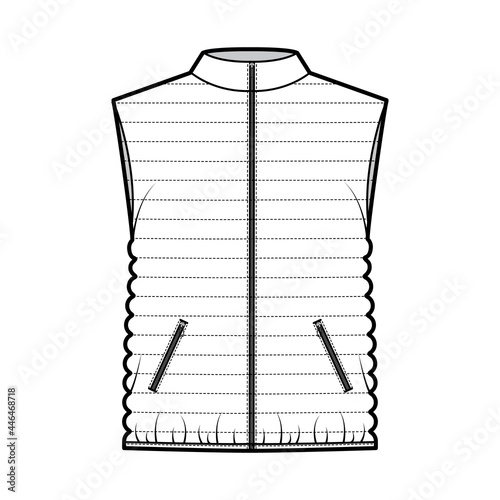 Down vest puffer waistcoat technical fashion illustration with stand collar, pockets, loose fit, hip length, narrow quilting. Flat template front, white color style. Women, men, unisex top CAD mockup