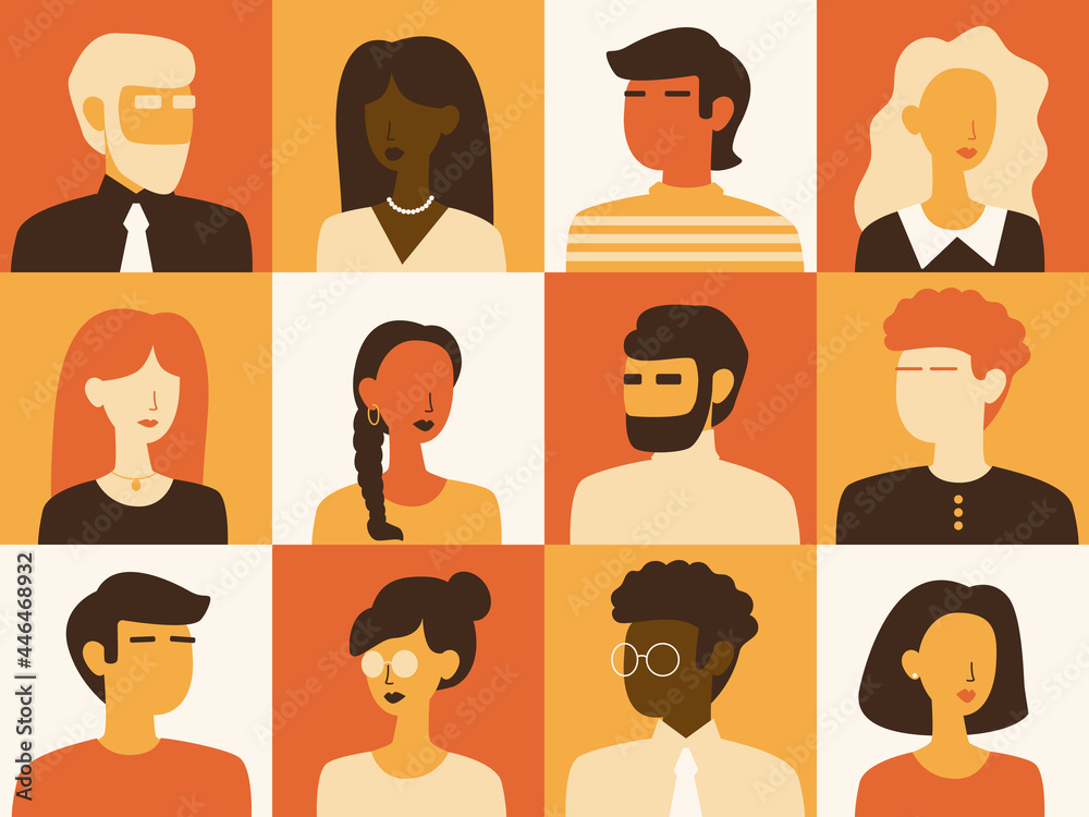 Set of user avatar. People avatar profile icons. Male and female faces. Men and women portraits. Racial diversity characters collection. Vector flat illustration in minimalistic color palette Set of user avatar. People avatar profile icons. Male and female faces. Men and women portraits. Racial diversity characters collection. Vector flat illustration in minimalistic color palette