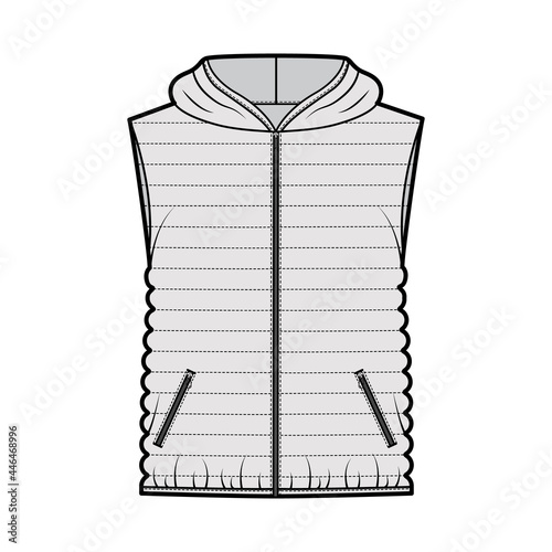 Down vest puffer waistcoat technical fashion illustration with sleeveless, hoody collar, zip-up, hip length, narrow quilting. Flat template front, grey color style. Women, men, unisex top CAD mockup
